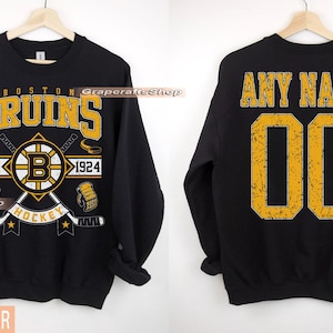Sudadera de hockey de Boston personalizada, cuello redondo de los Boston Bruins, camiseta de hockey de Boston, camiseta de hockey personalizada, camiseta con número de hockey