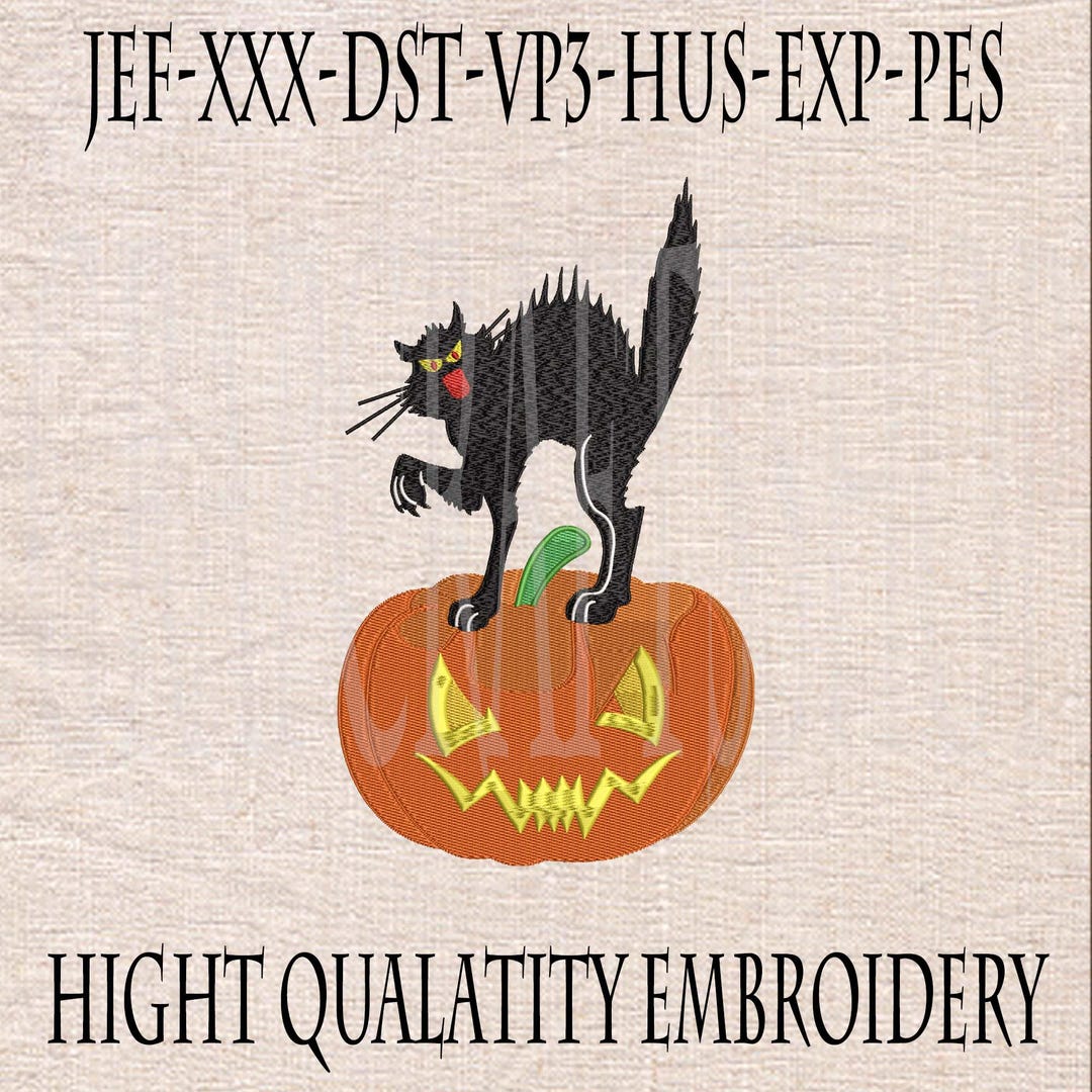 Black Cat on Pumpkin Embroidery Design, Halloween Jack O Lantern ...