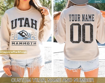 Personalisiertes Utah Mammut-Sweatshirt, Utah Mammoth Rundhalsausschnitt, Utah Hockey-Shirt, kundenspezifisches Hockey-Shirt, Hockey-Nummern-Shirt