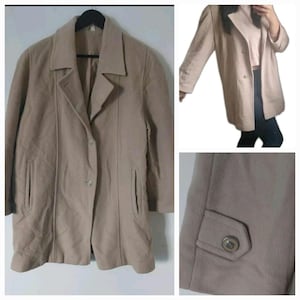 Vintage Womens Cashmere Wool Coat Jacket Size 18 20 Beige Pockets Ladies Smart Work 80s Retro 90s Party Xmas Christmas Gift Present Soft