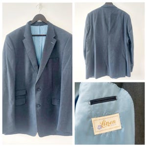 Vintage Mens Linen Blend Jacket Blazer Top Size XL Navy Blue Smart Work Office Retro 90s Party Xmas Christmas Gift Present Pockets