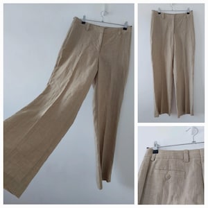 Hennes H&M Womens Linen Trousers Size 14 Beige Striped Natural Scandi Minimalist Boho Work Wedding Party Secretary Xmas Christmas Smart