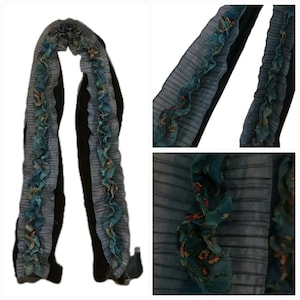 Vintage Womens 100% Silk Art Scarf Shawl Blue Turquoise Floral Ruffled Edwardian Ladies Long Arty Xmas Gift Present Wedding Party