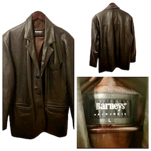 Barney&#39;s Mens Real Leather Jacket Coat Size L Black Pockets Smart Retro 90s Party Xmas Christmas Gift Present Soft Long Sleeved 90s Vintage