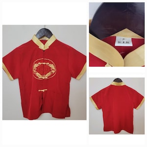 Vintage Womens 100% Silk Chinese Oriental Blouse Shirt Top Size 6 Red Gold Boho Cheongsam Xmas Party Traditional Smart Wedding Ladies Retro