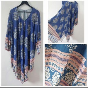 Lagenlook Tunic Midi Dress Kaftan Size M Italian Blue Pink Indian Oversized Boho Party Hippie Flowy Loose Fit Asymetric Artisan Minimalist