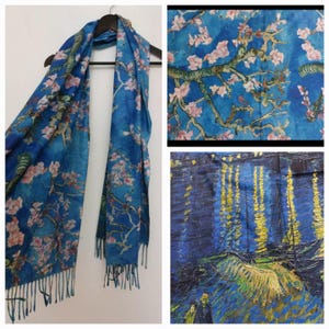 Vintage Womens Reversible Art Scarf Shawl Blue Van Gogh Almond Blossom Boho Cotton Turquoise Ladies Hippie Xmas Gift Present Wedding Arty