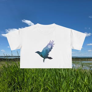 Mystical Raven Women&#39;s Crop Tee, Stylish Crop Top, Nature-Inspired Shirt, Summer Fashion, Bohemian Vibes, Gifts for Her