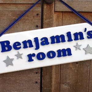 Children&#39;s personalised white wooden bedroom door sign / name plaque: navy and white with silver stars design