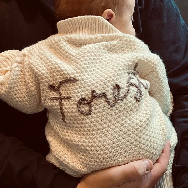 Personalised 3-6 months hand embroidered knitted cardigans, jumpers and rompers.