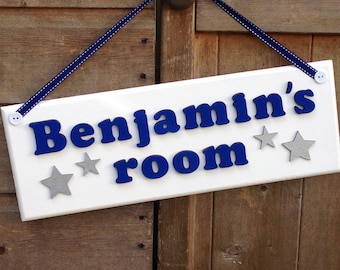 Children's personalised white wooden bedroom door sign / name plaque: navy and white with silver stars design