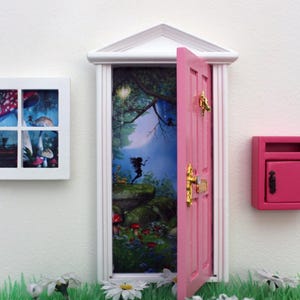 Miniature Wooden Pink Fairy Door Set: Opening Door, Window and Working Mailbox