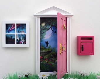 Miniature Wooden Pink Tooth Fairy Door Set: Opening Door with magical fairy forest image attached, wooden fairy window and working mailbox