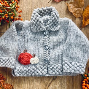 0-3 month grey autumn cardigan with an embroidered pumpkin and pumpkin truck - ready for personalisation