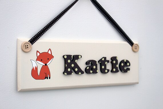 Woodland Themed Children S Wooden Bedroom Door Sign Name Plaque With Raised Wooden Lettering And Fox Illustration