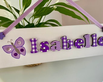 Purple and white wooden butterfly bedroom door sign