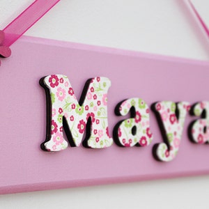 Pink and green wooden bedroom door sign / girls name plaque with floral lettering