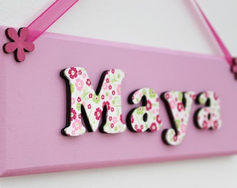Pink and green wooden bedroom door sign / girls name plaque with floral lettering