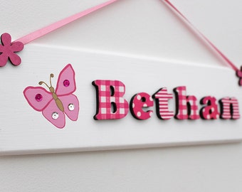 Personalised white and pink wooden door sign for nursery and children / name plaque with butterfly illustration / baby girl wooden name sign