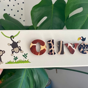 Jungle animal wooden children’s door sign with hand painted monkey illustration