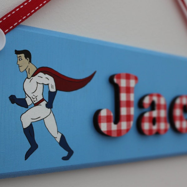 Handpainted wooden superhero door sign / name plaque with red check lettering