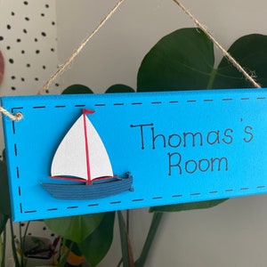 Nautical bedroom door sign with sailing boat / blue wooden name sign