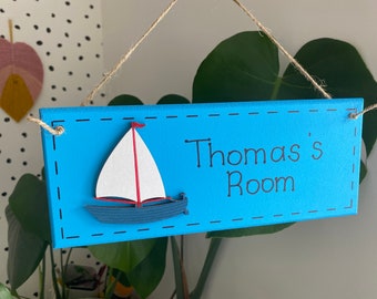 Nautical bedroom door sign with sailing boat / blue wooden name sign