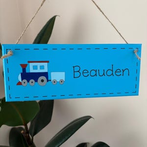 Personalised kids blue train wooden bedroom door sign, hand illustrated