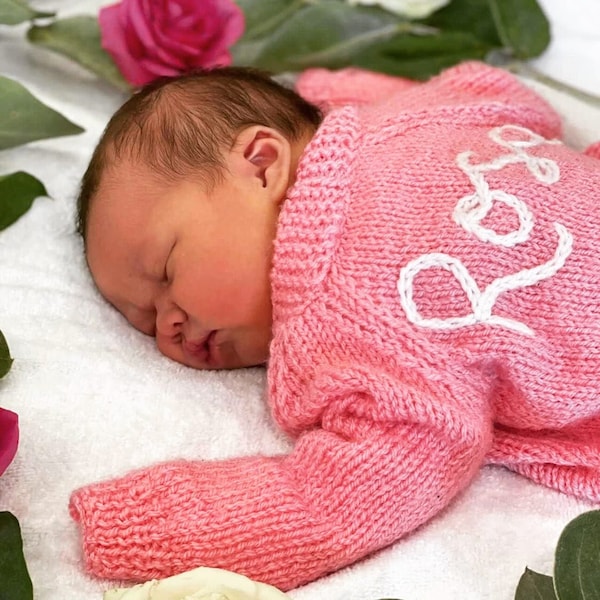 Personalised girl 0-3 months hand embroidered knitted cardigans, jumpers and rompers.