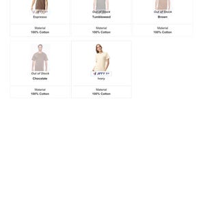 K&ouml;nnte beinhalten: Produktpr&auml;sentation mit T-Shirts in verschiedenen Farben. Die Shirts sind mit Farben wie "Espresso", "Tumbleweed", "Brown", "Chocolate" und "Ivory" gekennzeichnet. Jedes T-Shirt besteht aus 100 % Baumwolle.