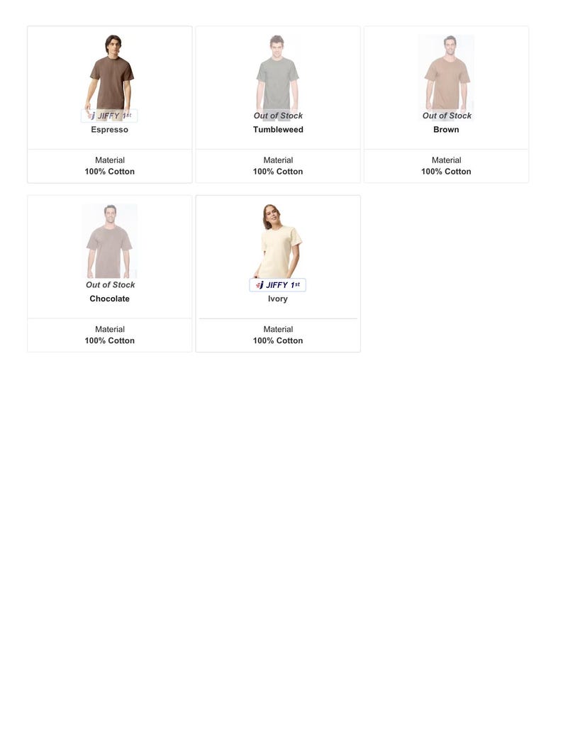 K&ouml;nnte beinhalten: Produktpr&auml;sentation mit T-Shirts in verschiedenen Farben. Die Shirts sind mit Farben wie "Espresso", "Tumbleweed", "Brown", "Chocolate" und "Ivory" gekennzeichnet. Jedes T-Shirt besteht aus 100 % Baumwolle.