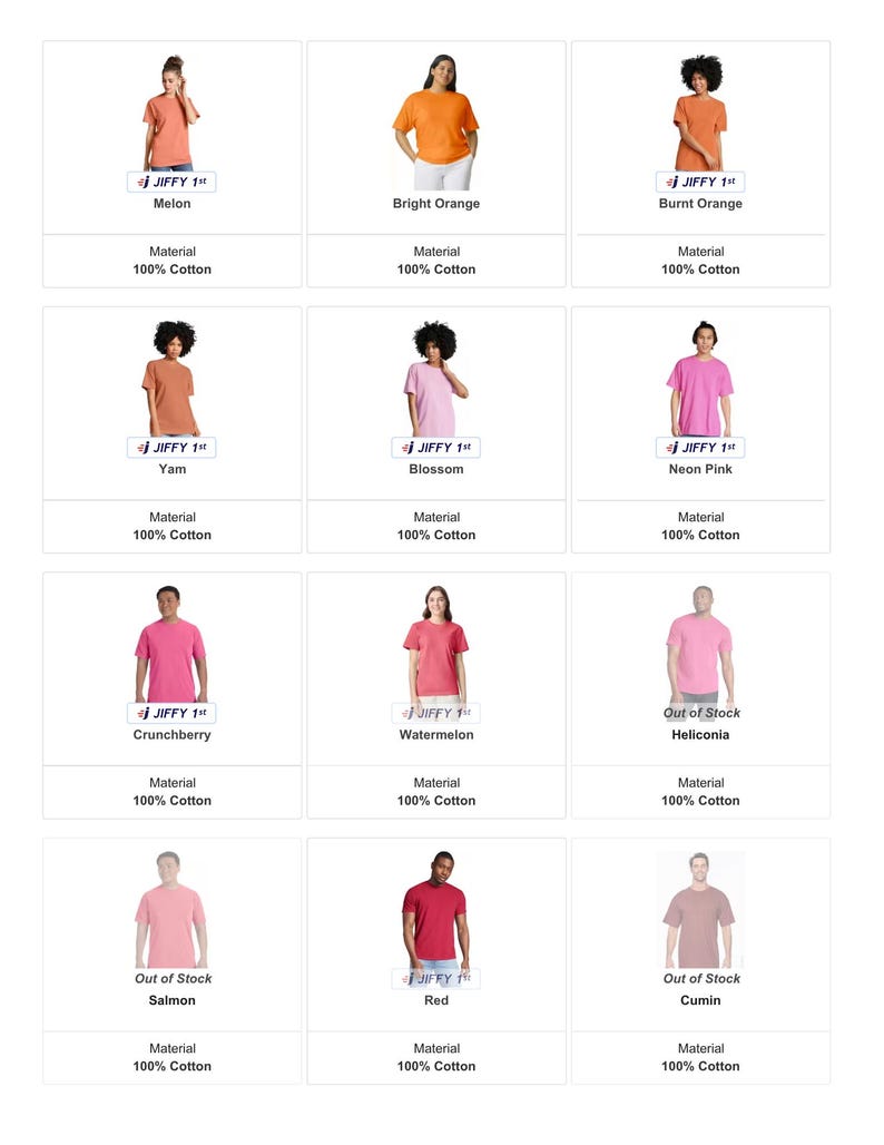 K&ouml;nnte beinhalten: Eine Auswahl an T-Shirts in verschiedenen Farben wie Orange, Rosa und Rot. Jedes Shirt wird von einer Person getragen und mit seinem Farbnamen beschriftet. Material: 100 % Baumwolle.