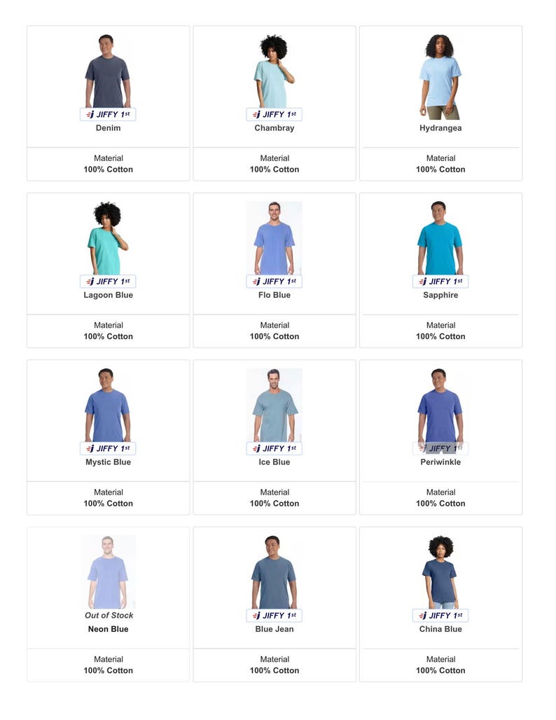 K&ouml;nnte beinhalten: Eine Auswahl an T-Shirts in verschiedenen Farben, darunter Denim, Chambray, Hortensie, Lagunenblau, Flo Blue, Saphir, Mystic Blue, Eisblau, Periwinkle, Neonblau, Blue Jean und China Blue. Jedes Shirt ist mit seiner Farbe und der Marke "JIFFY 1st" gekennzeichnet.