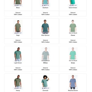 K&ouml;nnte beinhalten: Eine Auswahl an T-Shirts in verschiedenen Farben, darunter Gr&uuml;n, Blau und Grau. Jedes Shirt wird von einer Person getragen und mit seinem Farbnamen wie "Moss" und "Seafoam" beschriftet. Das Material ist 100% Baumwolle.