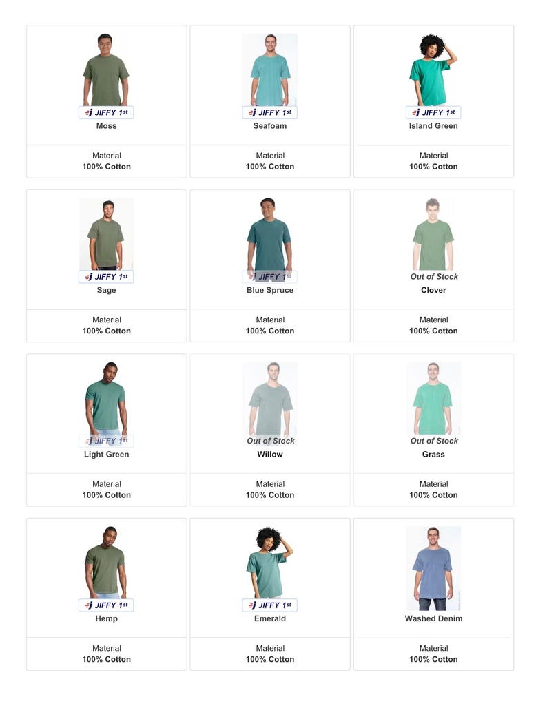 K&ouml;nnte beinhalten: Eine Auswahl an T-Shirts in verschiedenen Farben, darunter Gr&uuml;n, Blau und Grau. Jedes Shirt wird von einer Person getragen und mit seinem Farbnamen wie "Moss" und "Seafoam" beschriftet. Das Material ist 100% Baumwolle.