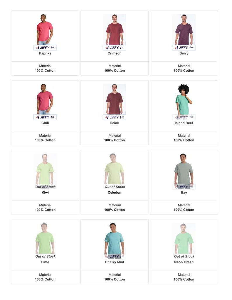 K&ouml;nnte beinhalten: Eine Auswahl an T-Shirts in verschiedenen Farben, darunter Rot, Gr&uuml;n und Blau. Jedes Shirt wird von einer Person getragen und mit Farbbezeichnungen wie 'Paprika' und 'Chalky Mint' versehen. Text: "JIFFY 1st". Material: 100 % Baumwolle.