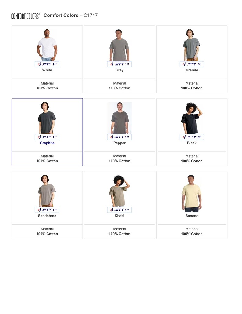 K&ouml;nnte beinhalten: Eine Produktanzeige mit neun Comfort Colors C1717 T-Shirts in verschiedenen Farben. Die Farben umfassen Wei&szlig;, Grau, Granit, Graphit, Pfeffer, Schwarz, Sandstein, Khaki und Banane. Jedes Shirt wird von einer Person getragen, das Material ist 100 % Baumwolle.