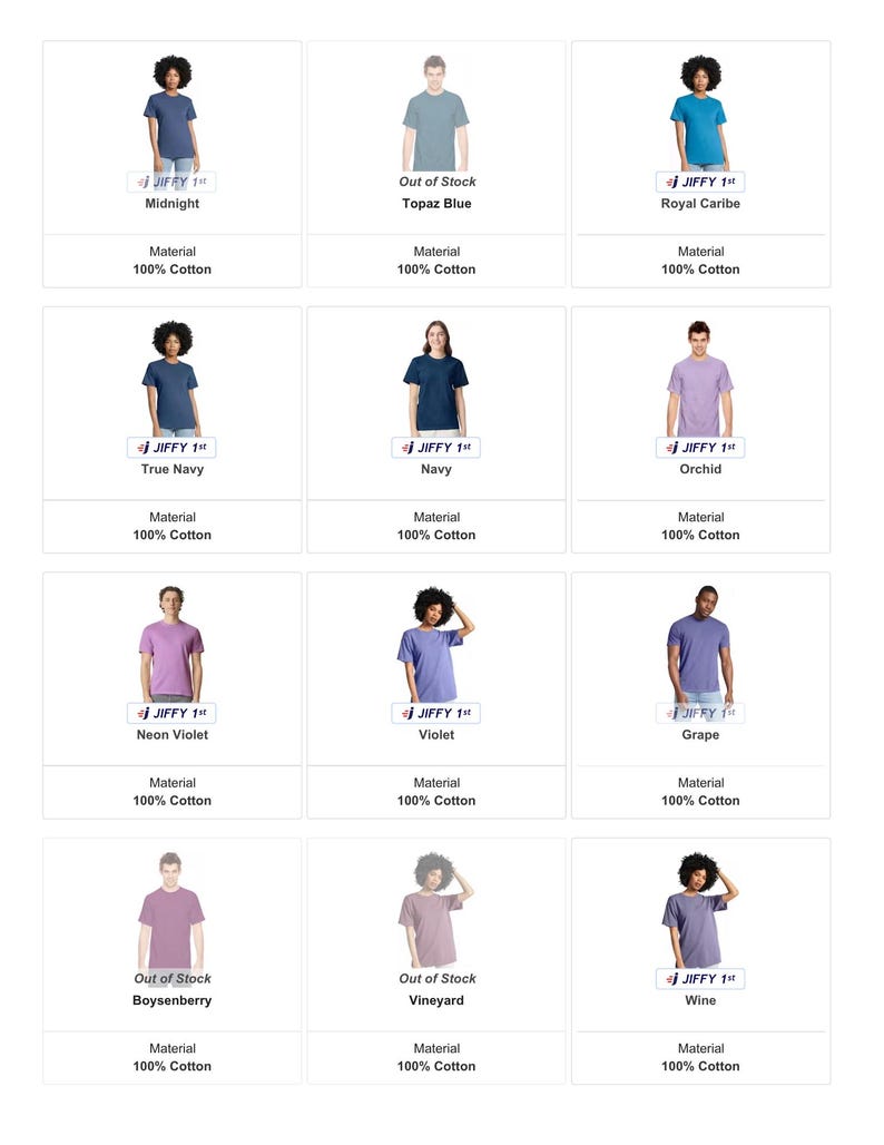 K&ouml;nnte beinhalten: Eine Auswahl an JIFFY 1st T-Shirts in Farben wie Midnight, Topaz Blue, Royal Caribe, True Navy, Navy, Orchid, Neon Violet, Violet, Grape, Boysenberry, Vineyard und Wine. Das Material ist 100% Baumwolle. Verschiedene Farben werden gezeigt.