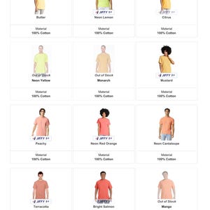 K&ouml;nnte beinhalten: Eine Auswahl an T-Shirts in verschiedenen Farben, darunter Gelb, Orange und Rosa. Jedes Shirt wird von einer Person getragen. Die Farben sind mit Namen wie "Butter", "Neon Lemon" und "Peachy" versehen. Das Material ist 100% Baumwolle.