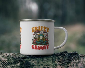Taza de camping esmaltada con diseño de rana psicodélica: artículos para beber al aire libre con estilo