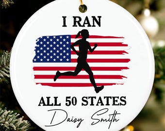 Personalized Runner Christmas Ornament, Running Marathons Gift, I Ran All 50 US States Ornament