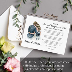 Puede incluir: Una tarjeta de boda de 12,7 por 17,8 cm para un hijo y una nuera con una ilustraci&oacute;n en acuarela de una pareja, los nombres Ethan y Amelia y un mensaje impreso. La tarjeta es de cartulina Fine Finch 110# e incluye un sobre blanco en blanco.