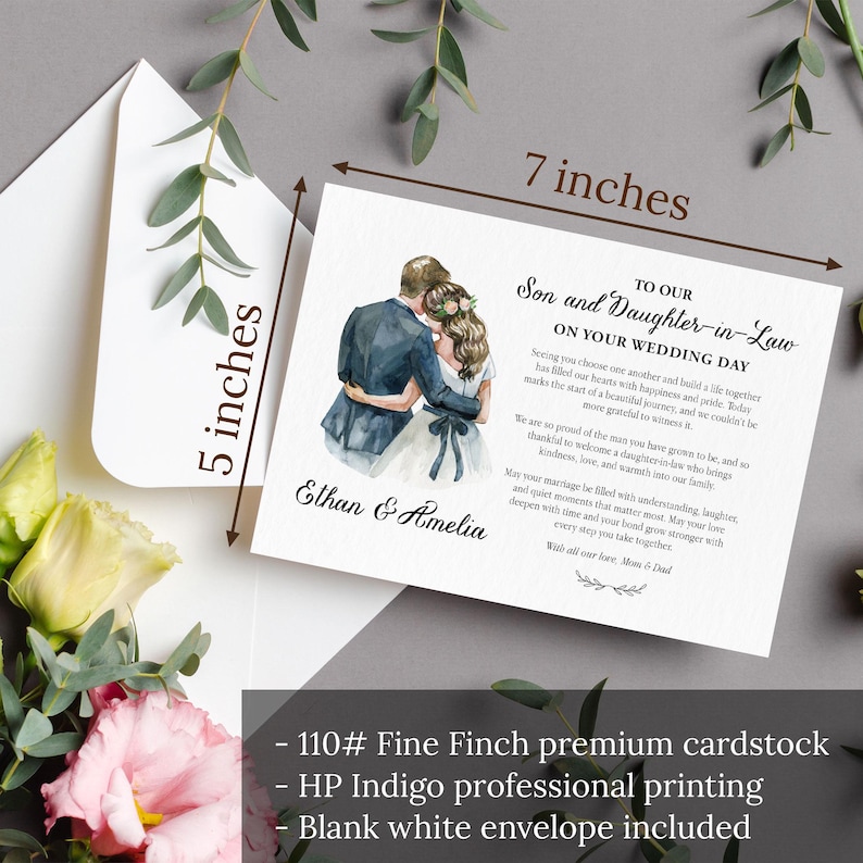 Puede incluir: Una tarjeta de boda de 12,7 por 17,8 cm para un hijo y una nuera con una ilustraci&oacute;n en acuarela de una pareja, los nombres Ethan y Amelia y un mensaje impreso. La tarjeta es de cartulina Fine Finch 110# e incluye un sobre blanco en blanco.