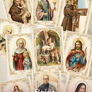 May include: A collection of rectangular religious prayer cards featuring various saints, including Saint Anthony of Padua, Saint Barbara, Saint John the Baptist, Saint Anne, Judas Thaddeus, and Saint Maximilian Kolbe, all framed with floral borders.