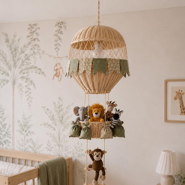 Safari Nursery Chandelier, Jungle Baby Room Light, Hot Air Balloon Lamp, Montessori Nursery Decor