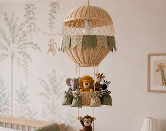 Safari Nursery Chandelier, Jungle Baby Room Light, Hot Air Balloon Lamp, Montessori Nursery Decor