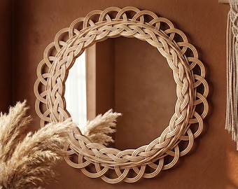 Boho Rattan Mirror for Living Room – Handmade Natural Rattan Wall Mirror – Bohemian Decor –Minimalist Wall Mirror, Neutral Home Decor