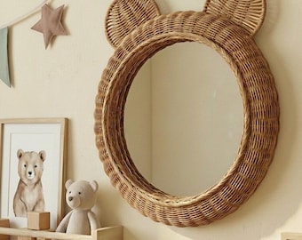 Rattan Bear Mirror – Montessori Boho Nursery Wall Decor(Brown)
