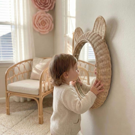 Rattan Bear Wall Mirror for Nursery Decor, Baby Girl Room Wall Art, Boho Nursery Mirror, Handmade Natural Rattan Kids Room Decor