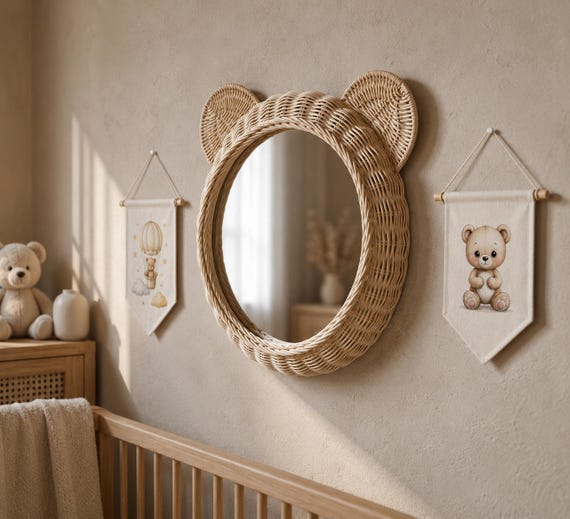 Teddy Bear Mirror With Banner Set , Montessori Baby Room Decor, Boho Nursery Wall Decor Set